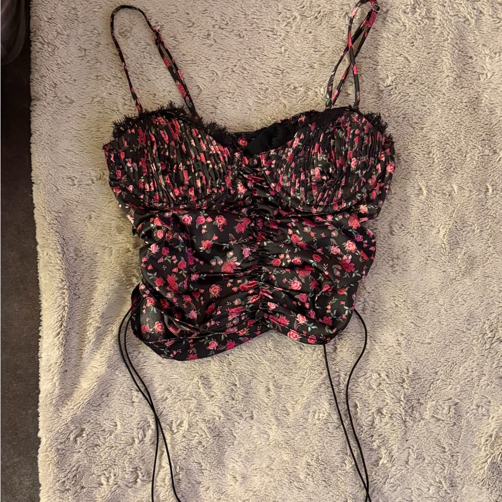 For Love & Lemons Black Satin Floral Ruched Cami with Pink Roses